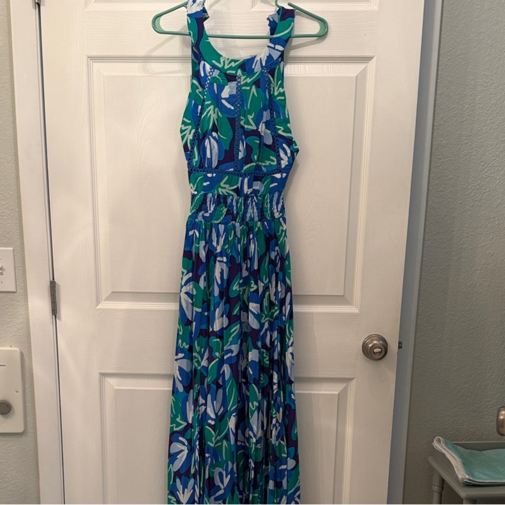 Sleeveless Blue & Green Floral Maxi Dress